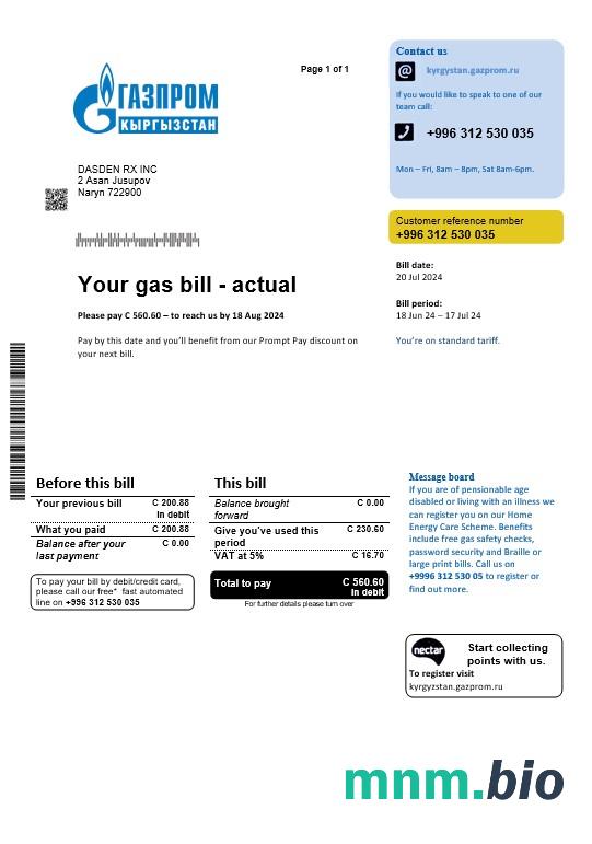 Kirgistan Gazprom rachunek za usługi komunalne szablon w formacie Word i PDF